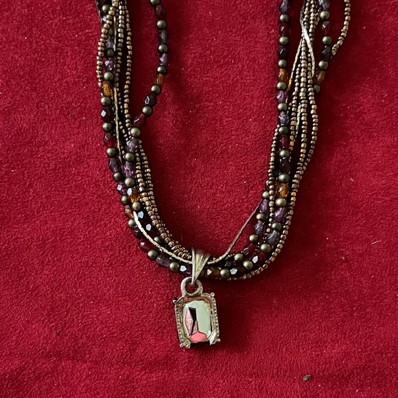 Beaded Necklace w/Dark Burgundy Crystal Pendant Adjustable - Picture 6 of 8